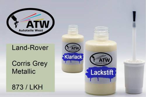 Land-Rover, Corris Grey Metallic, 873 / LKH: 20ml Lackstift + 20ml Klarlack - Set, von ATW Autoteile West.